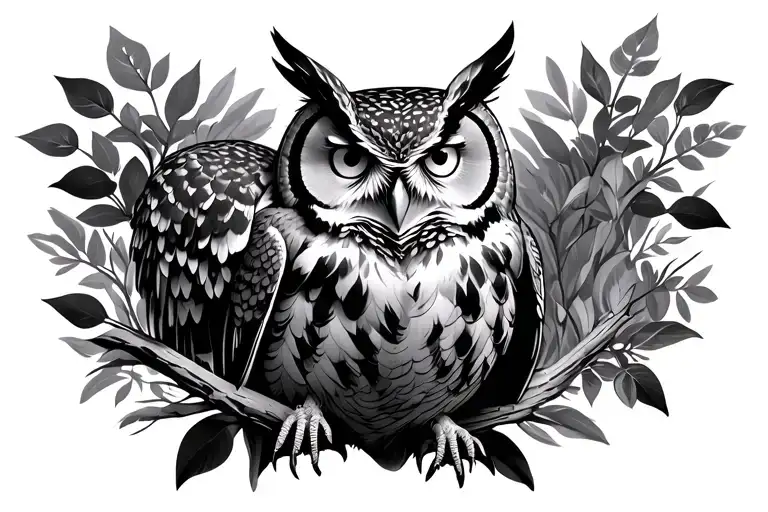 Great horned owl surrounded by nature  tattoo design idea