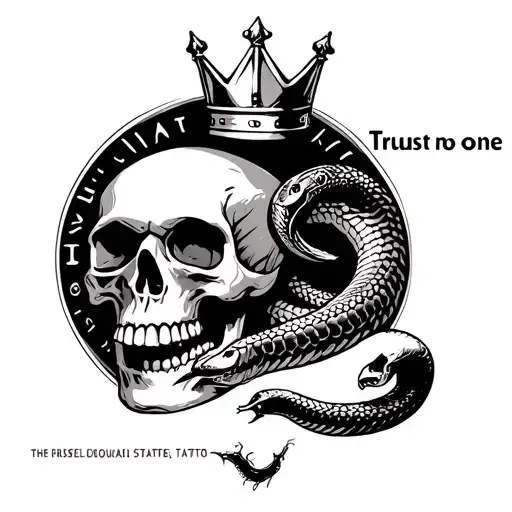 "Trust no one" skull with crown 1 hand that goes towards snake tattoo design idea