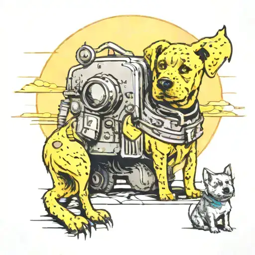 Can you make a drawing with vault boys face in half one side day time with the dog in a sunrise  scene with a fallout nu tattoo design idea