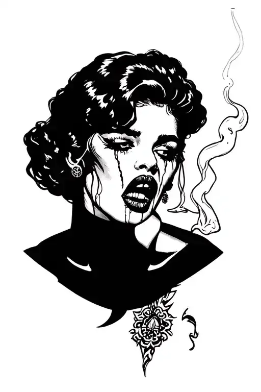sketch of black style neck tattoo with smoking crying woman in pop-art style  tattoo design idea