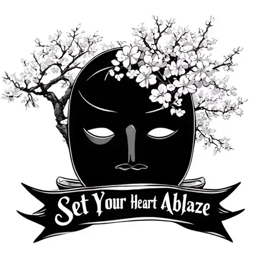 only mask with a cherry blossom tree in the background with the words below it that says set your heart ablaze tattoo design idea