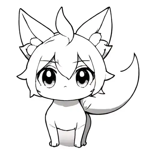 anime chibi nine tail fox, clean black outline only, no shading or fills, big eyes and curled tail, 1-inch tatto tattoo design idea