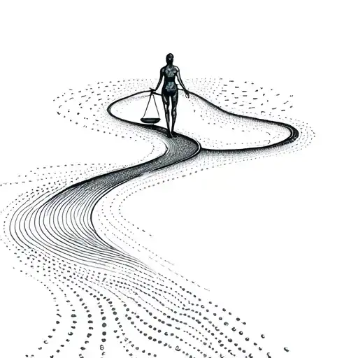 An abstract representation of weight loss journey, with a winding path leading to a scale at the end, using dotwork for a modern look tattoo design idea