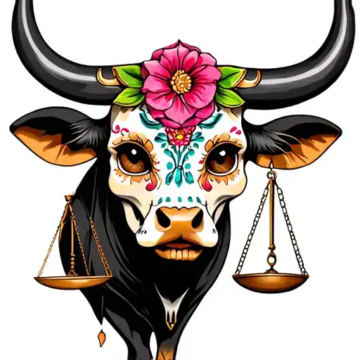 feminine bull with sugar skull markings, brown eyes and two Libra scales and dark background tattoo design idea