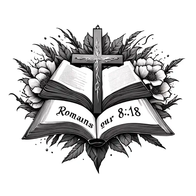 cross and bible verse Romans 8:18 on top tattoo design idea