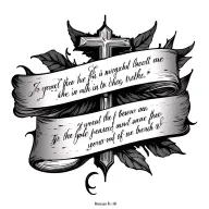 cross and bible verse Romans 8:18 on top tattoo design idea