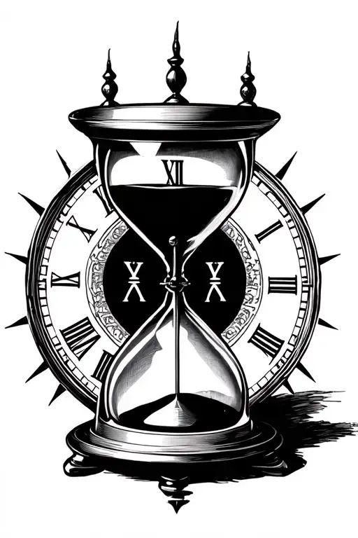 A centrally placed hourglass. Behind the hourglass, a clock face with three hands pointing 3, 14, 18. tattoo design idea