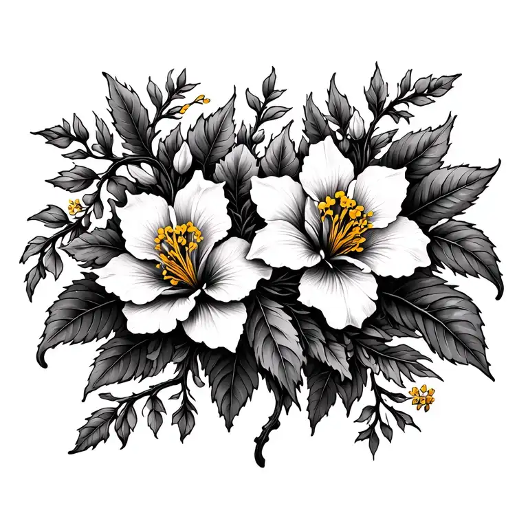 goldflame honeysuckle flowers intertwined with vines and leaves. Have there be a lot of small flowers  tattoo design idea