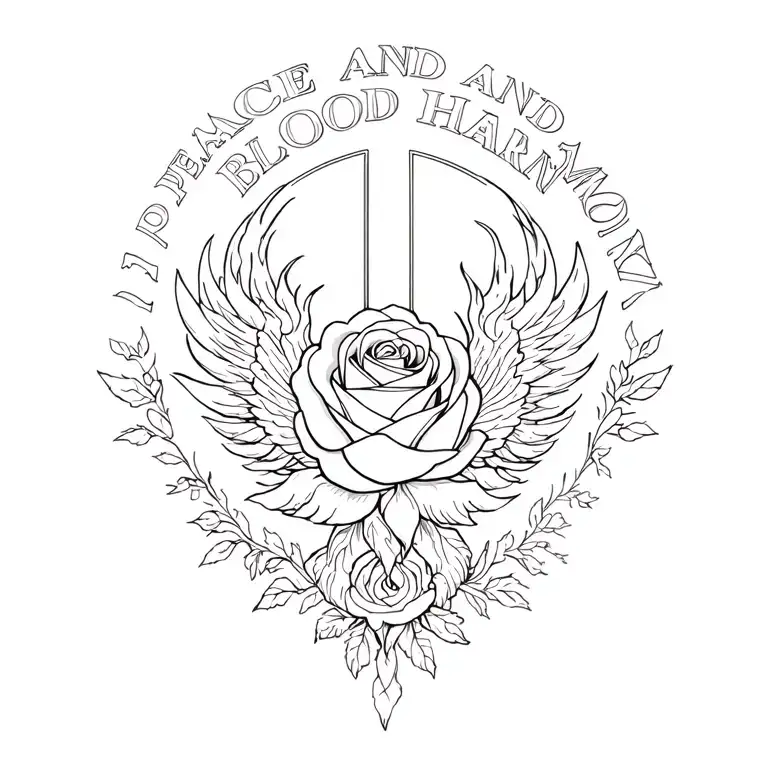 The text peace, blood, and harmony with angeLic flaming rose  tattoo design idea