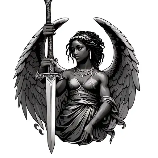 african angel holding a sword tattoo design idea