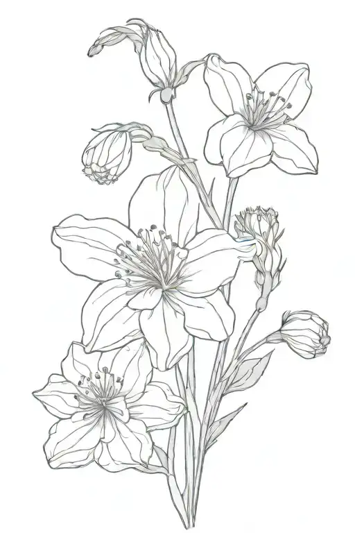 a bouquet of these flowers: daffodils, carnations, chrysanthemum, and asters. show the stems tied with string like a bow tattoo design idea