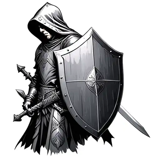 hooded knight holding sword and shield tattoo design idea
