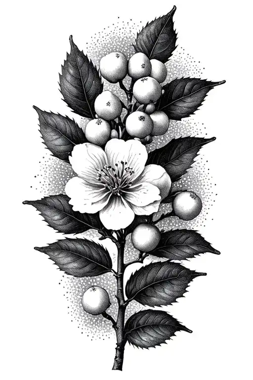 one flowering white myrtle branch with berries, in black and white tattoo design idea