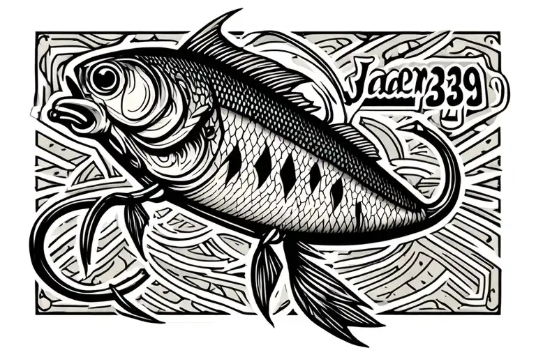 fishing hook with the name jader369 blended in tattoo design idea