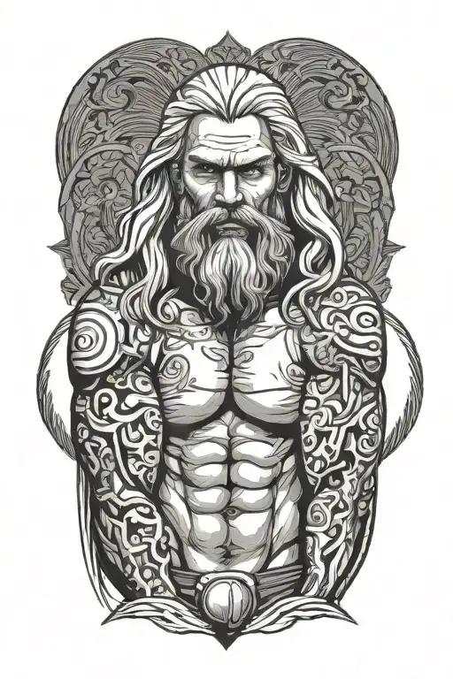Super muscled man standing in speedo with long  silver hair and beard tattoo design idea