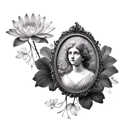 Oval cameo portrait ornate water lily frame tattoo design idea