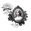 Oval cameo portrait ornate water lily frame tattoo design idea