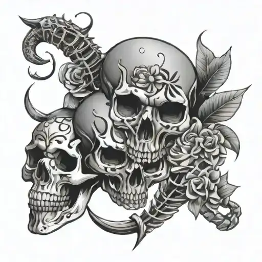 3 Skulls, Big Scorpion, Stallings in Chicano writing, flowers, Dagger, spider webs tattoo design idea
