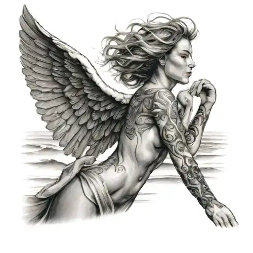 woman angel, facing oppsite of camera angle, walking alongst the beach by ocean playfully tattoo design idea