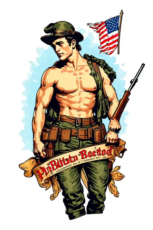 pin up man soldier shirtless tattoo design idea
