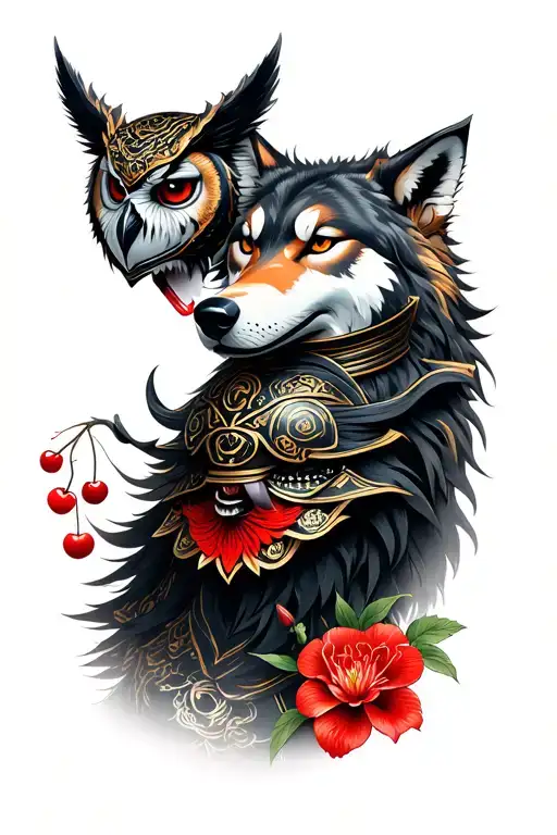 Wolf +Samurai +ONI Mask +Mask Kitsune +owl +Cherry Flower all in follow -up tattoo design idea