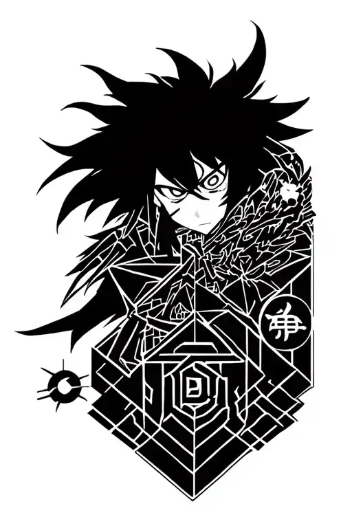 geometric japanese style with symbols from anime naruto, bleach and one piece tattoo design idea