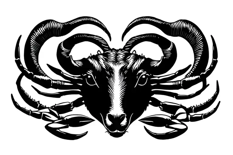 Celestial Fusion: A silhouette of a goat and crab intertwined, with Capricorn’s horns curving around Cancer’s claws tattoo design idea