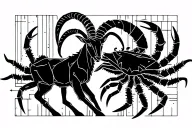 Celestial Fusion: A silhouette of a goat and crab intertwined, with Capricorn’s horns curving around Cancer’s claws tattoo design idea
