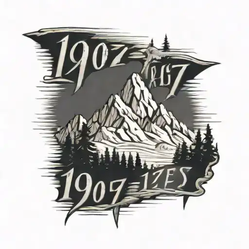 Mountains and trees appear above the text 1997 engraved tattoo design idea