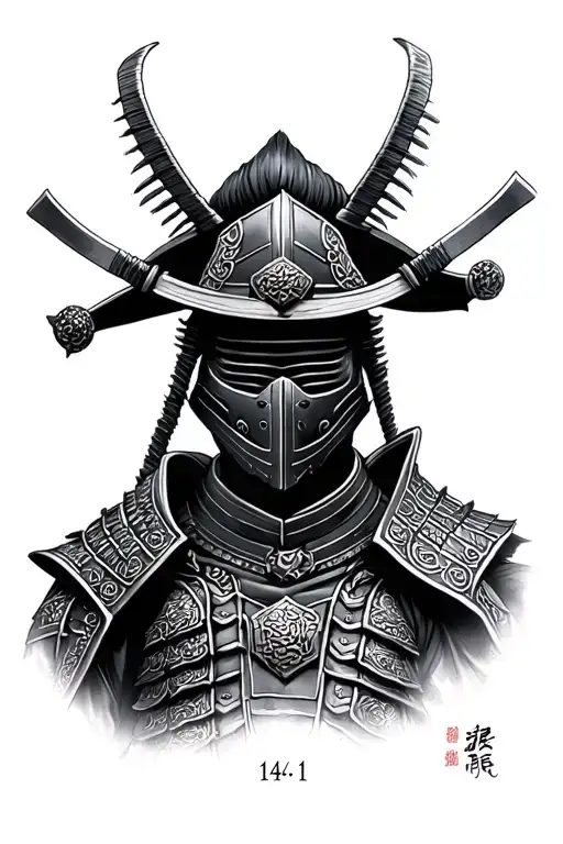 The top of a masked samurai warrior with psalms 144: 1 small below, around the shadow tattoo tattoo design idea