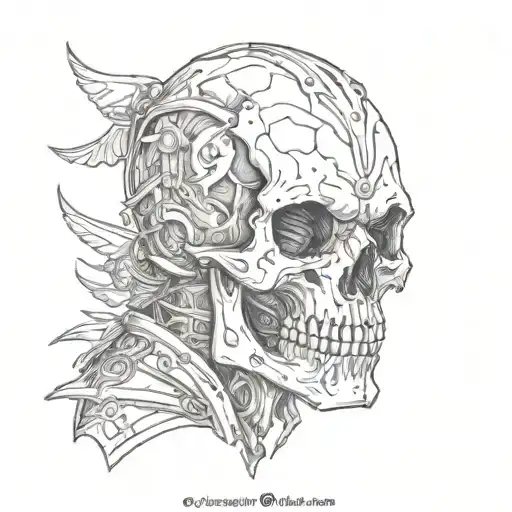 skull wearing rusty armor with shatered face with destriyed hous in backgrund tattoo design idea
