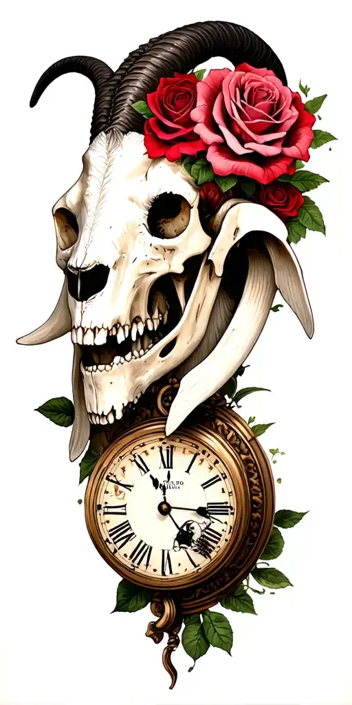 goat skull half ghoast and roses and clock tattoo design idea