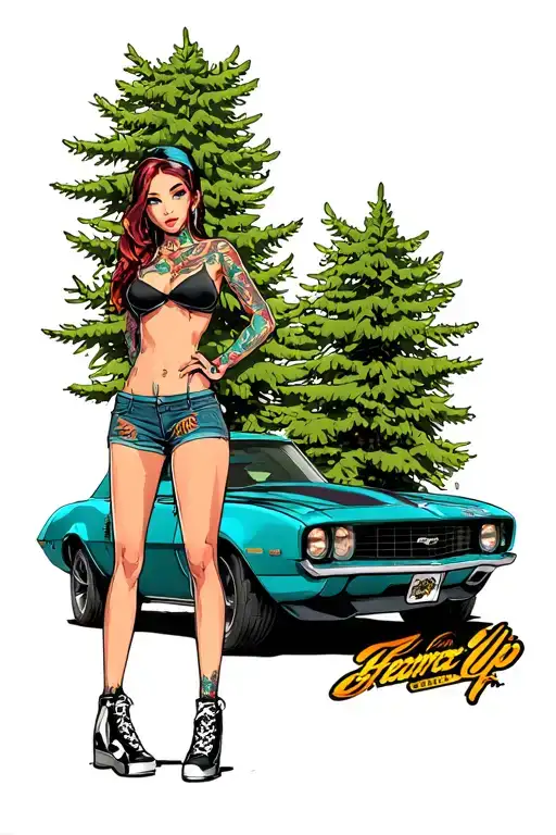 pine up girl standing with 69 camaro tattoo design idea