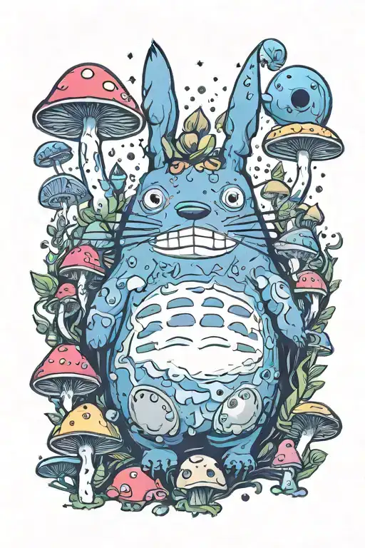 psychedelic totoro with mushrooms and kodama tattoo design idea
