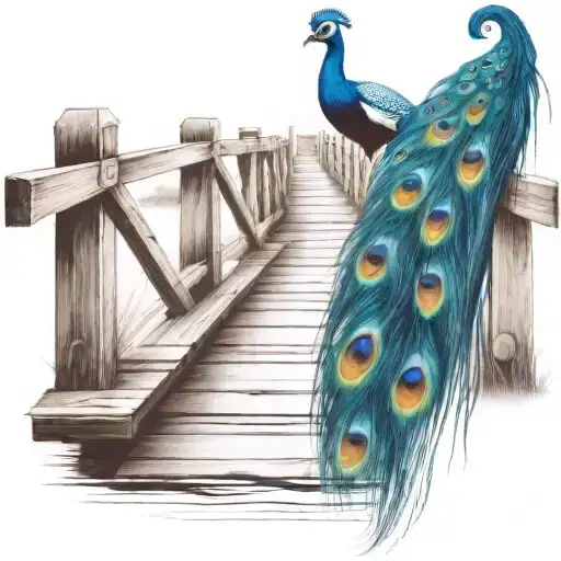 black and white wooden bridge with colorful peacock feather  tattoo design idea