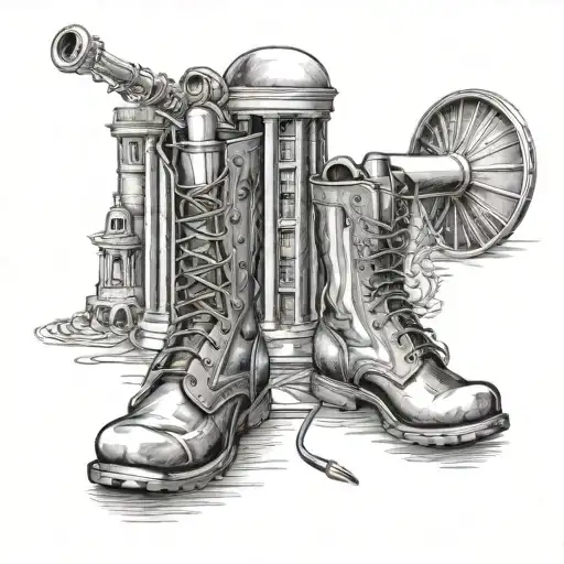 tattoo design including: founders building at royal holloway and cowboy boots and twin towers and steel pan (instrument) tattoo design idea