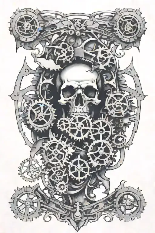 rib cage tattoo with skin torn away to reveal steampunk esque gears within the body tattoo design idea