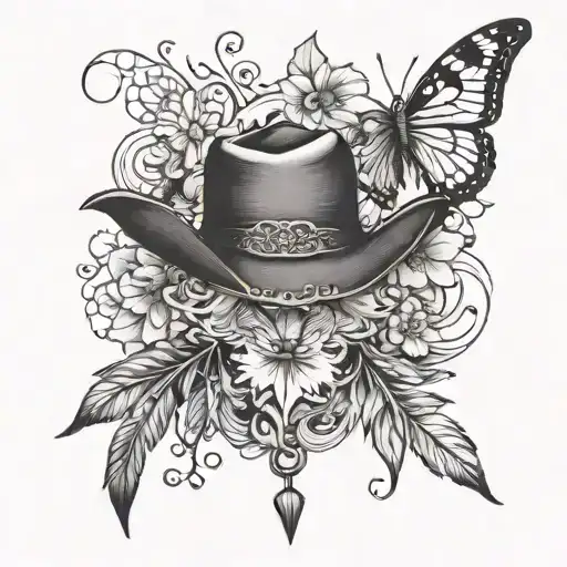 design me a tattoo with these elemnets a bytterfly, the maltese cresent, cowboy hat, a small heart, XOXO, I love you mor tattoo design idea