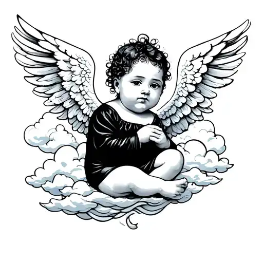 Palm sized tattoo of dark angel baby with clouds in the background tattoo design idea