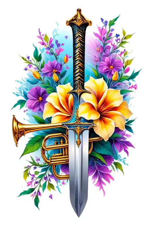 buster sword and Golden trumpet flower tattoo design idea
