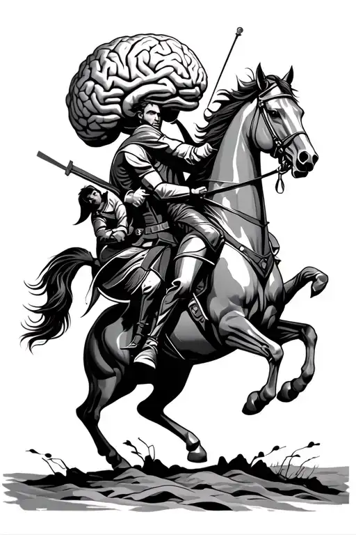 A male black and white geometric tattoo on the thigh with a brain at the top, with a knight on horseback fighting, left  tattoo design idea