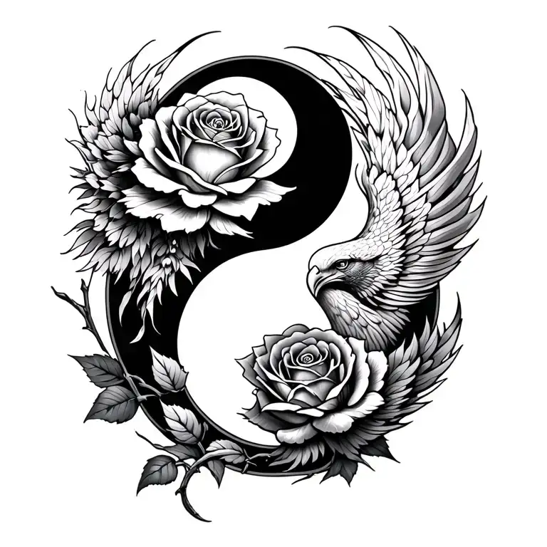 a rose, phoenix qnd a yingyang symbol tattoo design idea