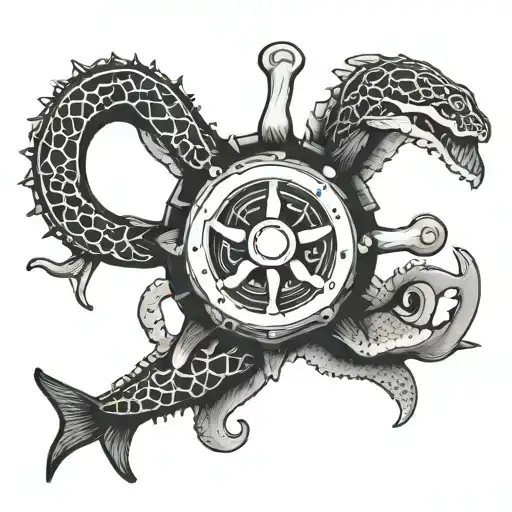 ships wheel with moray eel, black and white tattoo design idea