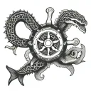 ships wheel with moray eel, black and white tattoo design idea