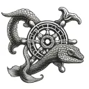 ships wheel with moray eel, black and white tattoo design idea