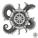 ships wheel with moray eel, black and white tattoo design idea