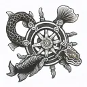 ships wheel with moray eel, black and white tattoo design idea