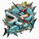 sexy Harley Quinn riding a great white shark jumping tattoo design idea