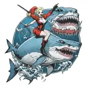 sexy Harley Quinn riding a great white shark jumping tattoo design idea