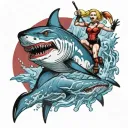 sexy Harley Quinn riding a great white shark jumping tattoo design idea
